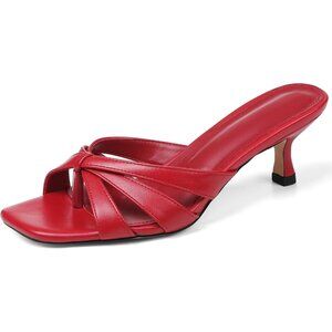 Kitten Heels Red Faux Leather Women Flops Strappy Heels Summer Square Open Heel